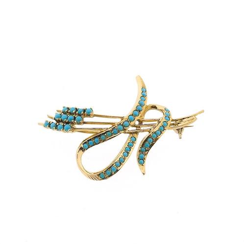 18 krt. Gouden broche met turquoise (vintage, geelgoud), Sieraden, Tassen en Uiterlijk, Broches, Overige kleuren, Gebruikt, Met edelsteen