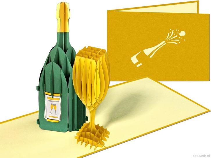Champagne fles wijn glas jubileum nieuwjaar pop-up kaart, Diversen, Wenskaarten, Verzenden