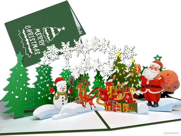 Fraaie 3D Kerstkaart Kerstman met rendieren, Diversen, Wenskaarten, Verzenden