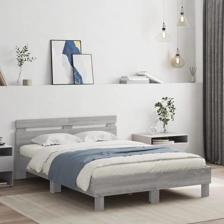 vidaXL Bedframe met hoofdeinde en LED grijs sonoma eiken, Huis en Inrichting, Slaapkamer | Bedden, 120 cm, 190 cm of minder, Grijs