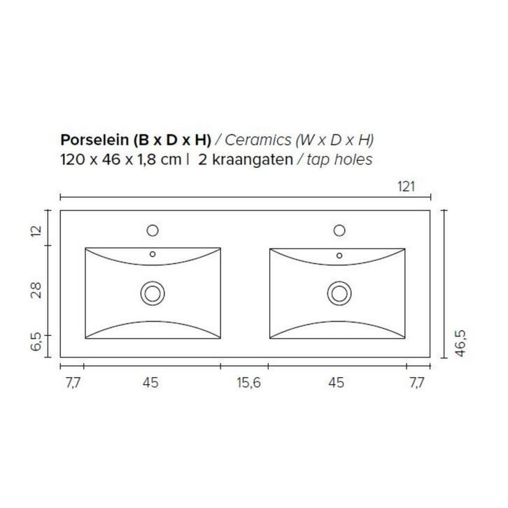 Badkamermeubel BWS Pepper Wastafel Porselein 2 Kraangaten, Huis en Inrichting, Badkamer | Badkamermeubels, Ophalen of Verzenden