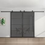 Dubbele stalen schuifdeur - 4 Vlaks - Rook glas, 75 tot 150 cm, Nieuw, 150 tot 225 cm, Metaal