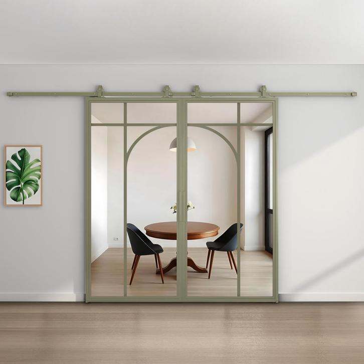 Dubbele stalen schuifdeur Olijfgroen 5 Vlaks rond Helder gla, Doe-het-zelf en Verbouw, Kozijnen en Schuifpuien, Nieuw, 75 tot 150 cm