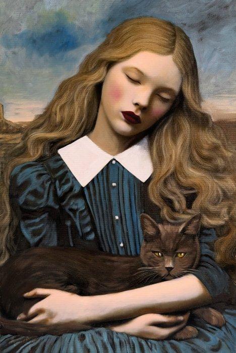 Luigi Improta (1966) - Ritratto con gatto nero, Antiek en Kunst, Kunst | Schilderijen | Klassiek