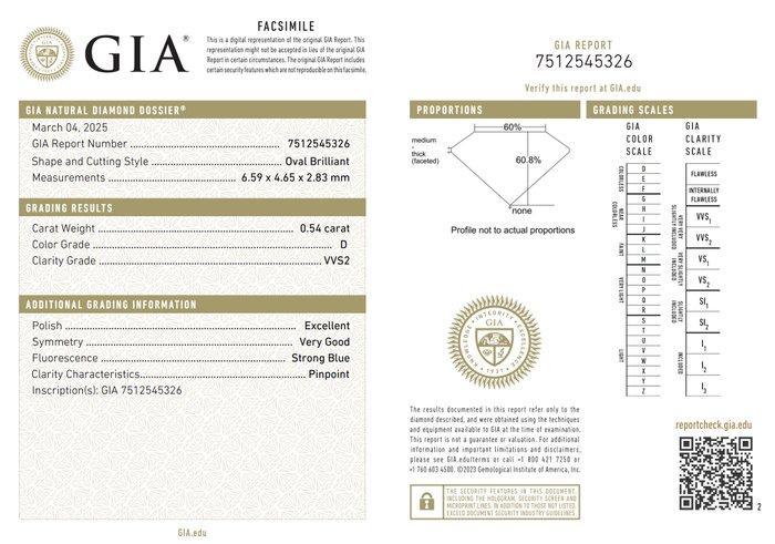 1 pcs Diamant (Natuurlijk) - 0.54 ct - Ovaal - D (kleurloos), Sieraden, Tassen en Uiterlijk, Edelstenen