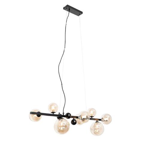 Art deco hanglamp zwart met amber glas 8-lichts - David, Huis en Inrichting, Lampen | Hanglampen, Nieuw, Overige materialen, 75 cm of meer