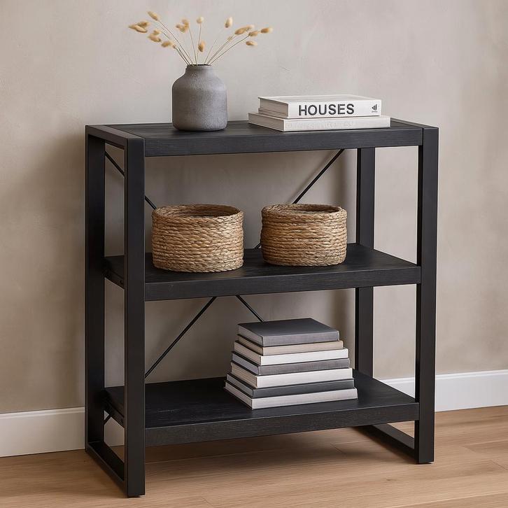 Boekenkast Mangohout Britt Laag 90 Zwart, Huis en Inrichting, Kasten | Boekenkasten, 25 tot 50 cm, Nieuw, Overige houtsoorten