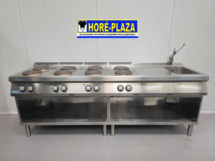 Baklijn Zanussi RVS 2x 4-pits elektrisch fornuis + spoelbak, Zakelijke goederen, Horeca | Keukenapparatuur, Gebruikt, Fornuis, Frituur en Grillen