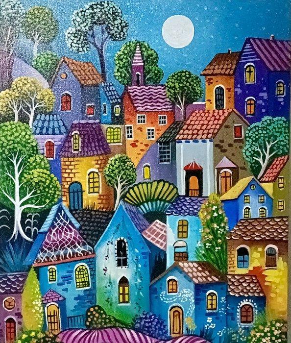 Alessio Variani (1982) - Villaggio sotto la Luna, Antiek en Kunst, Kunst | Schilderijen | Klassiek