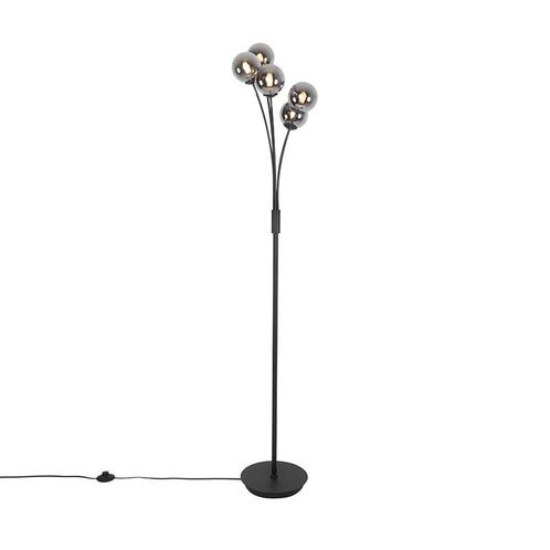 Moderne vloerlamp zwart 5-lichts met smoke glas - Athens, Huis en Inrichting, Lampen | Vloerlampen, Nieuw, Glas, 150 tot 200 cm