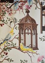 300x280 cm! Art Nouveau-stof met papegaaien en vogelkooien -