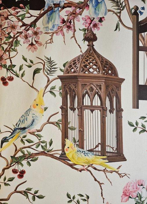 300x280 cm! Art Nouveau-stof met papegaaien en vogelkooien -, Antiek en Kunst, Antiek | Kleden en Textiel