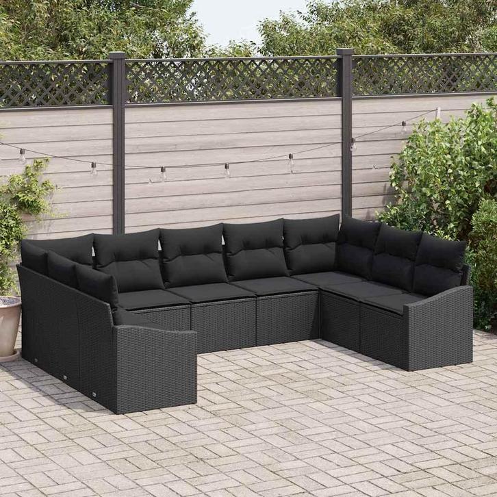 vidaXL Tuin Eetset 9 pcs Zwart Poly Rattan en Poedergecoat, Tuin en Terras, Tuinsets en Loungesets, Nieuw, Rotan, Verzenden