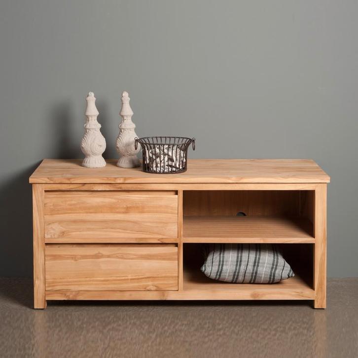 *WOONWINKEL* Tower Living Corona Hoog Tv-meubel Teak - 2 Lad, Huis en Inrichting, Kasten | Televisiemeubels, Nieuw, Verzenden