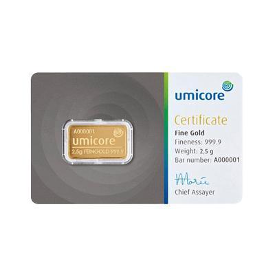 Umicore goudbaar 2,5 gram (LBMA certificaat), Postzegels en Munten, Edelmetalen en Baren, Goud, Verzenden