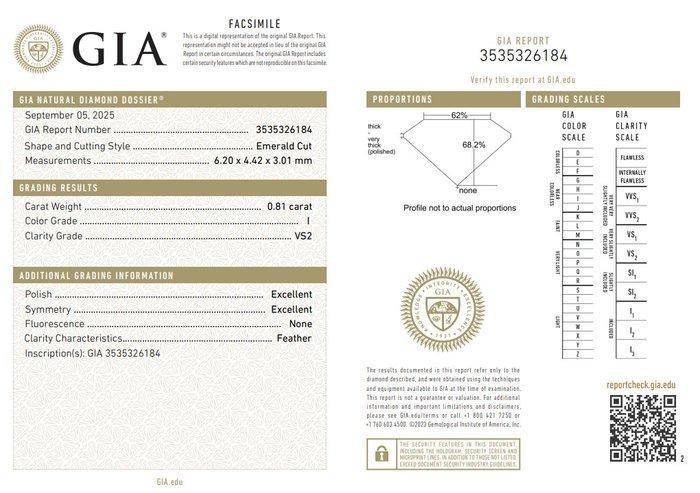 1 pcs Diamant (Natuurlijk) - 0.81 ct - Smaragd - I - VS2 -, Sieraden, Tassen en Uiterlijk, Edelstenen