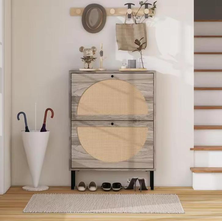 Schoenenkast Retro Grijs met Rotan en 2 Deuren – 60 cm, Huis en Inrichting, Kasten | Schoenenkasten, Nieuw, Verzenden