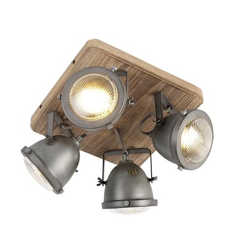 Industriële spot staal met hout kantelbaar 4-lichts - Emado, Huis en Inrichting, Lampen | Spots, Nieuw, Overige materialen