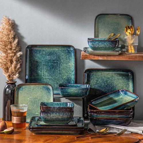 Nieuw: Groene Serviesset 16 Stuks Keramisch Nordic Vierkant, Huis en Inrichting, Keuken | Servies, Compleet servies, Nieuw, Keramiek
