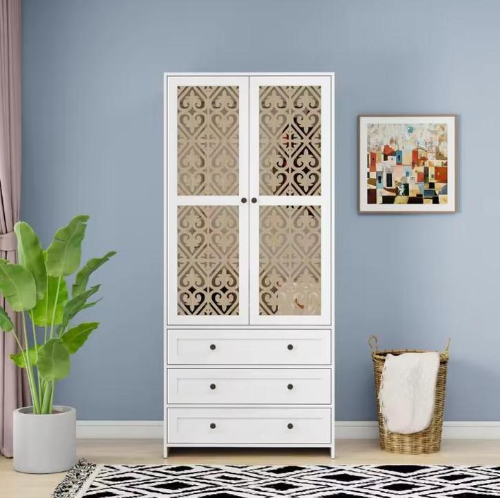 Witte Rotan Kledingkast – 3 Lades en Roede 80x48x180 cm, Huis en Inrichting, Kasten | Kledingkasten, Nieuw, Verzenden