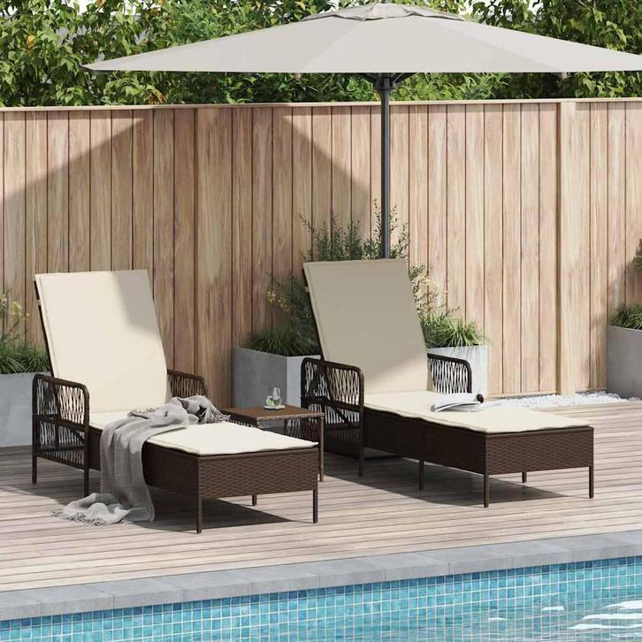 vidaXL Ligstoel met kussen 3 pcs Bruin en Crème Wit poly, Tuin en Terras, Ligbedden, Nieuw, Verzenden