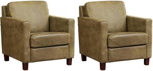 Olijfgroene leren landelijke fauteuils - poot hout bruin -, Huis en Inrichting, Fauteuils, 50 tot 75 cm, 75 tot 100 cm, Nieuw