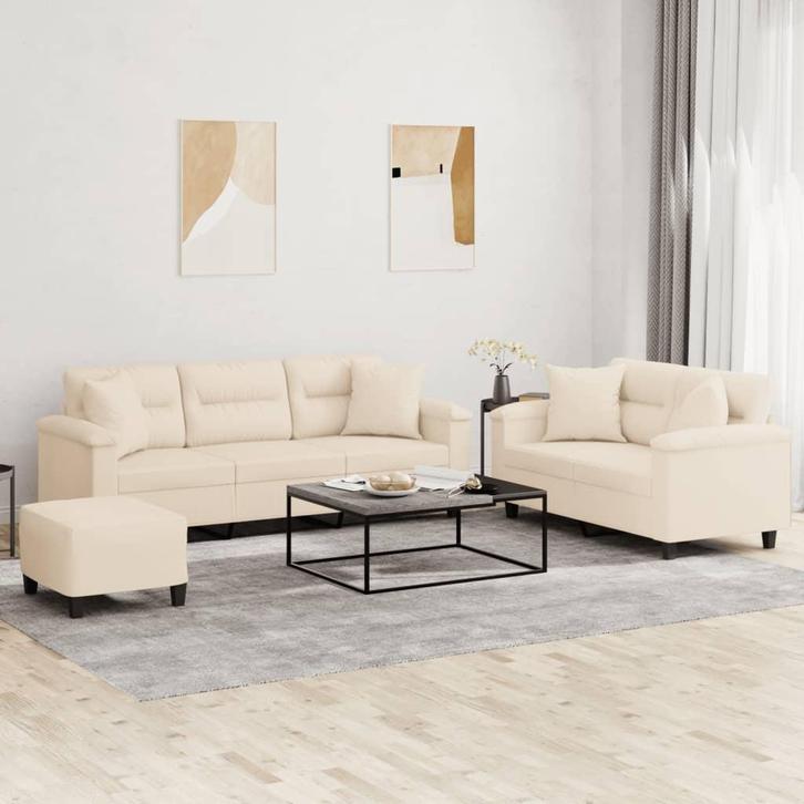 vidaXL 3-delige Loungeset met kussens microvezelstof beige, Huis en Inrichting, Banken | Bankstellen, Nieuw, Stof, Vierpersoons of meer