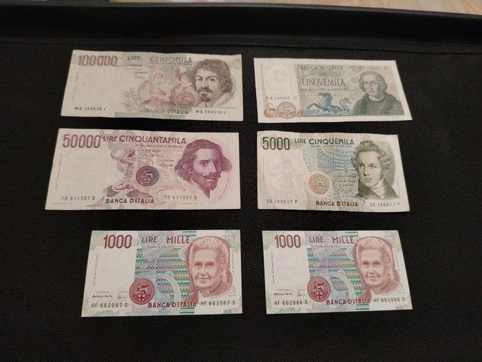 Italië. - 5.000 Gigante Colombo + 100.000 Caravaggio +, Postzegels en Munten, Bankbiljetten | Europa | Niet-Eurobiljetten