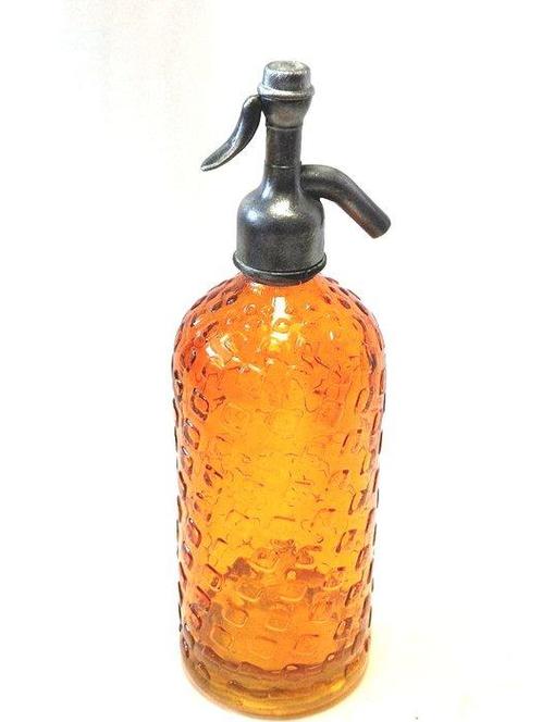 Fles - gedecoreerd oranje glazen fontein met, Antiek en Kunst, Antiek | Wandborden en Tegels