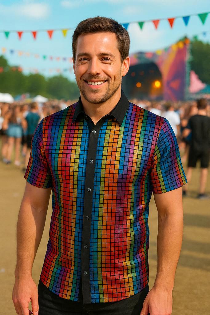 Heren Regenboog Disco Blouse – Metallic - Maat XL, Kleding | Heren, Carnavalskleding en Feestkleding, Nieuw, Maat 56/58 (XL), Ophalen of Verzenden