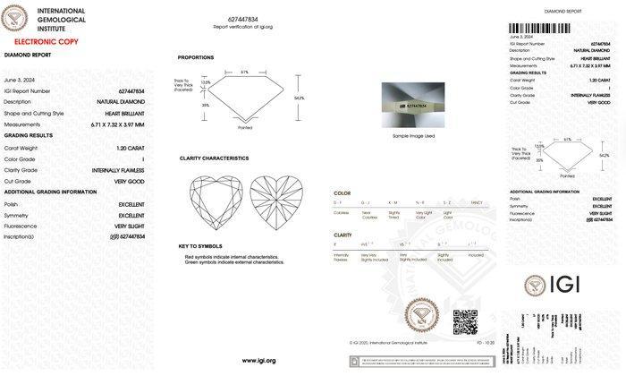 1 pcs Diamant (Natuurlijk) - 1.20 ct - Hart - I - IF -, Sieraden, Tassen en Uiterlijk, Edelstenen