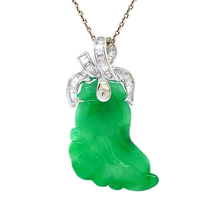 Witgouden vintage hanger met jade en diamant 14 kt, Sieraden, Tassen en Uiterlijk, Kettinghangers, Nieuw, Ophalen of Verzenden