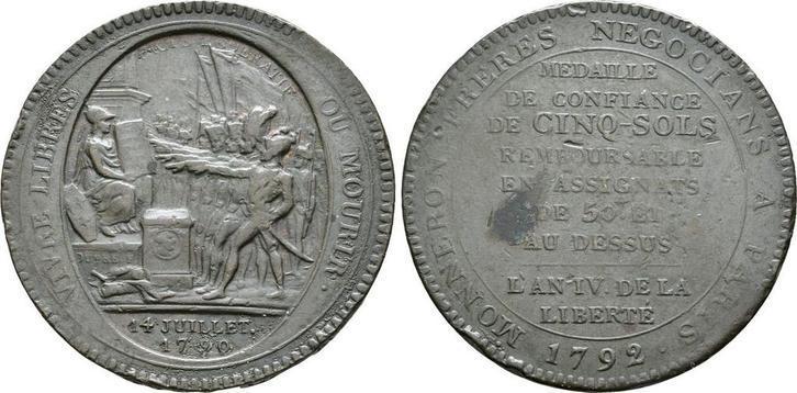 Medaille zu 5 Sols 1792 Frankreich: Napoleon I, 1804-1815:, Postzegels en Munten, Penningen en Medailles, Verzenden
