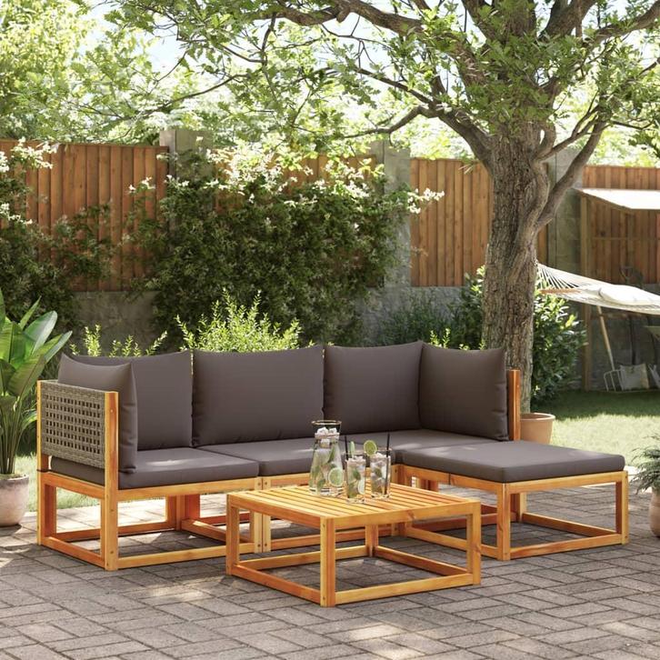 vidaXL 5-delige tuinbankset met kussens acaciahout & rotan, Tuin en Terras, Tuinsets en Loungesets, Nieuw, Hardhout, Verzenden