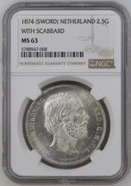 Koning Willem III 2 1/2 Gulden 1874 Scabbard MS63 NGC, Postzegels en Munten, Munten | Nederland, Verzenden, Koning Willem III