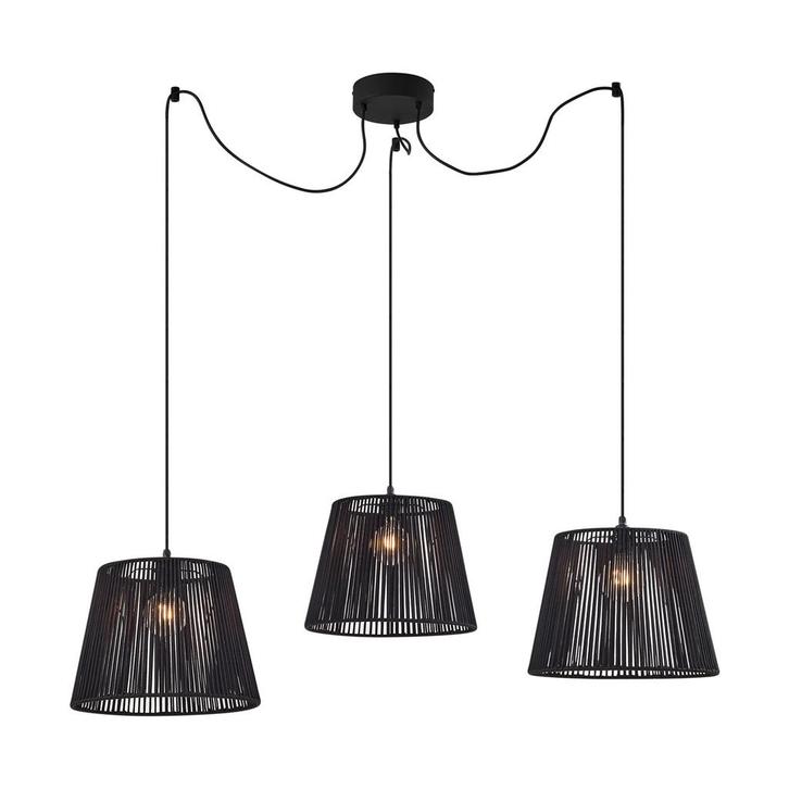 Buiten hanglamp zwart met zwarte kap van touw 3-lichts IP44, Tuin en Terras, Buitenverlichting, Nieuw, Minder dan 50 watt, Overige materialen