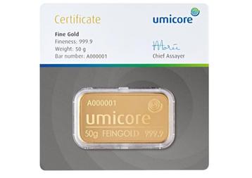 Umicore Goudbaar 50 gram met certificaat | Goudonline beschikbaar voor biedingen