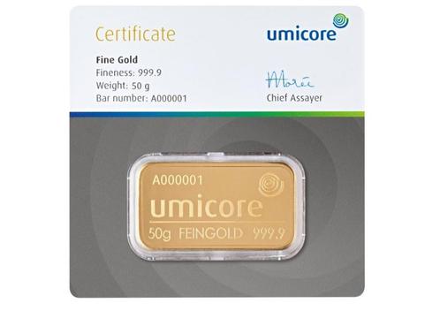 Umicore Goudbaar 50 gram met certificaat | Goudonline, Postzegels en Munten, Edelmetalen en Baren, Goud