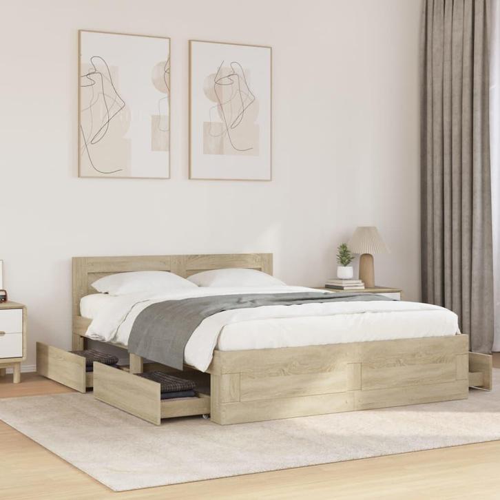 vidaXL Bedframe met hoofdeinde bewerkt hout sonoma eiken, Huis en Inrichting, Slaapkamer | Bedden, 140 cm, 200 cm, Bruin, Tweepersoons