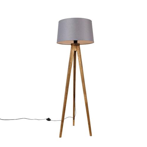 Landelijke tripod vintage hout met linnen kap donkergrijs 45, Huis en Inrichting, Lampen | Vloerlampen, Nieuw, Overige materialen