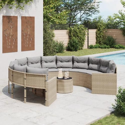 vidaXL Tuinbank met tafel en kussens rond poly rattan beige, Tuin en Terras, Tuinsets en Loungesets, Nieuw, Rotan, Verzenden