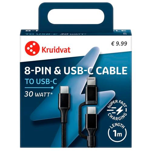 Kruidvat Dual 30W USB-C-naar-8-pin Kabel, Telecommunicatie, Mobiele telefoons | Toebehoren en Onderdelen, Nieuw, Verzenden