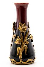 Art Nouveau enameled red-claret ceramic vase with filigree -