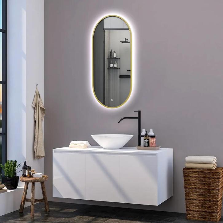 Ovale badkamerspiegel Alessandro mat goud met verwarming,, Doe-het-zelf en Verbouw, Sanitair, Verzenden