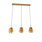 Hanglamp goud met amber glas 23 cm langwerpig 3-lichts -, Huis en Inrichting, Lampen | Hanglampen, Nieuw, Glas, Art Deco, 75 cm of meer
