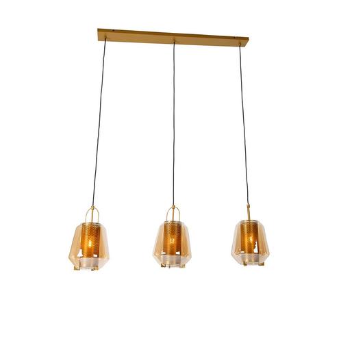 Hanglamp goud met amber glas 23 cm langwerpig 3-lichts -, Huis en Inrichting, Lampen | Hanglampen, Nieuw, Glas, 75 cm of meer
