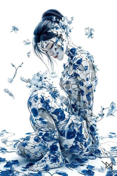 NYX - Métamorphose Geisha - Porcelaine Bleu Blanc, Antiek en Kunst, Kunst | Designobjecten
