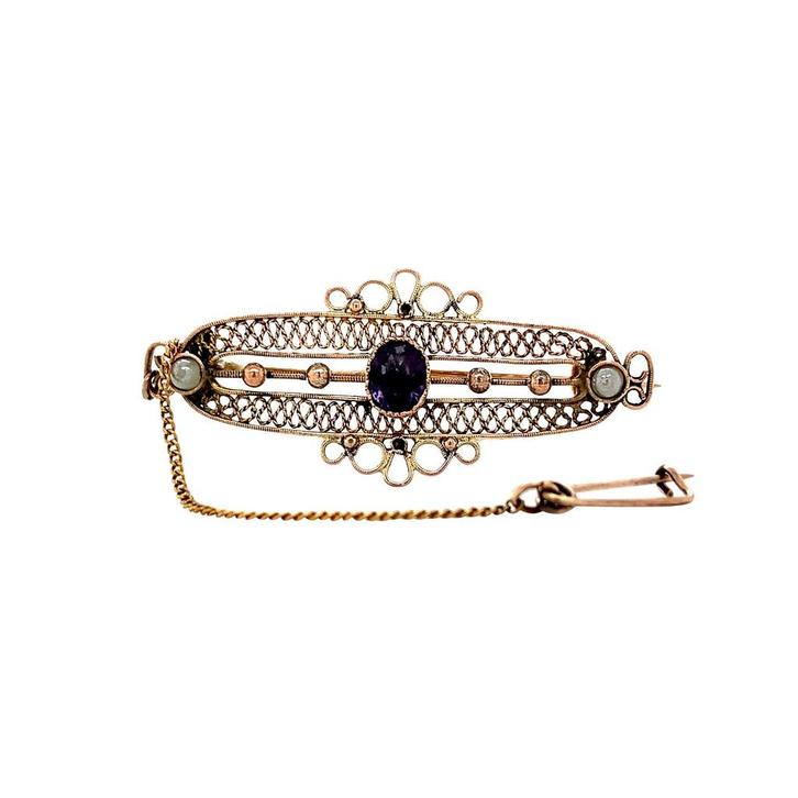 Gouden vintage broche met kleursteen en parel 14 krt, Sieraden, Tassen en Uiterlijk, Broches, Nieuw, Ophalen of Verzenden