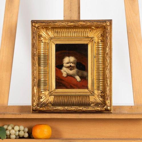 Hollandse School (XIX) - 2 honden op een kussen, Antiek en Kunst, Kunst | Schilderijen | Klassiek