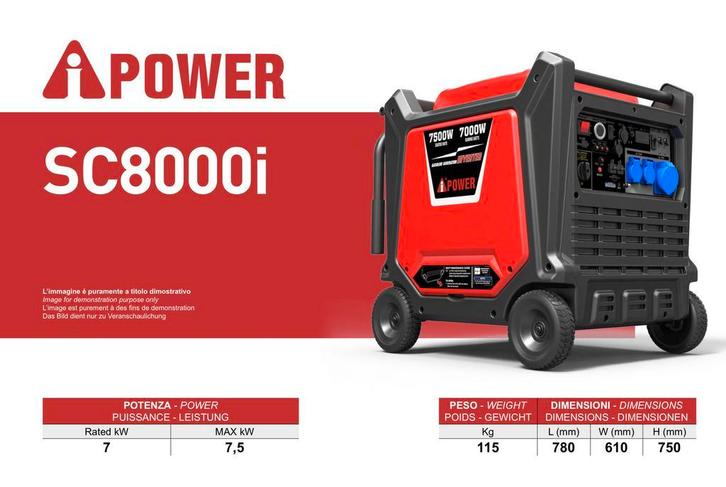 I Power SC8000i aggregaat generator benzine, Doe-het-zelf en Verbouw, Aggregaten, 5 tot 10 kVA, Elektrisch startend, Geluidgedempt